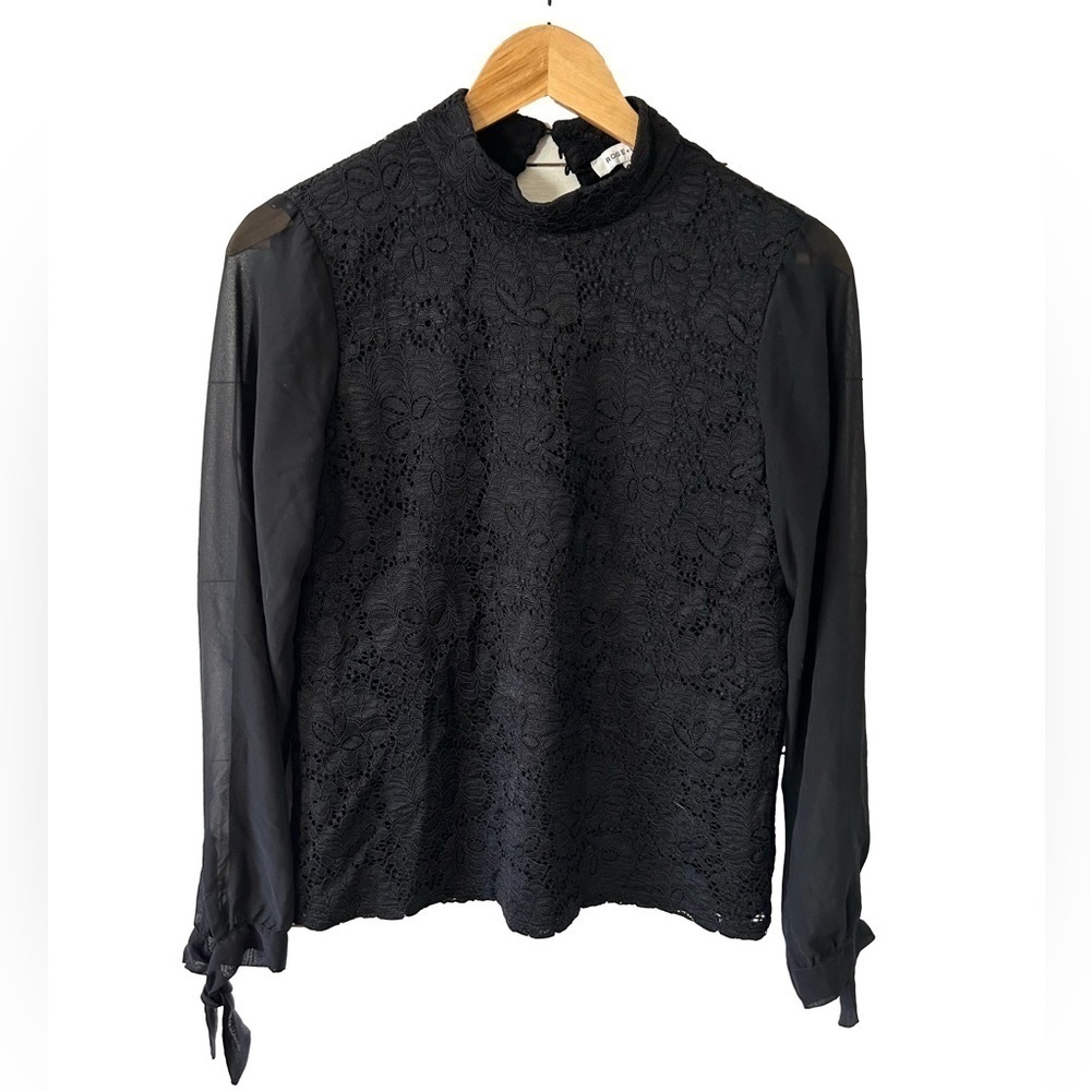 Rose + Olive Black Lace and Organza Long Sleeve Blouse, Size S